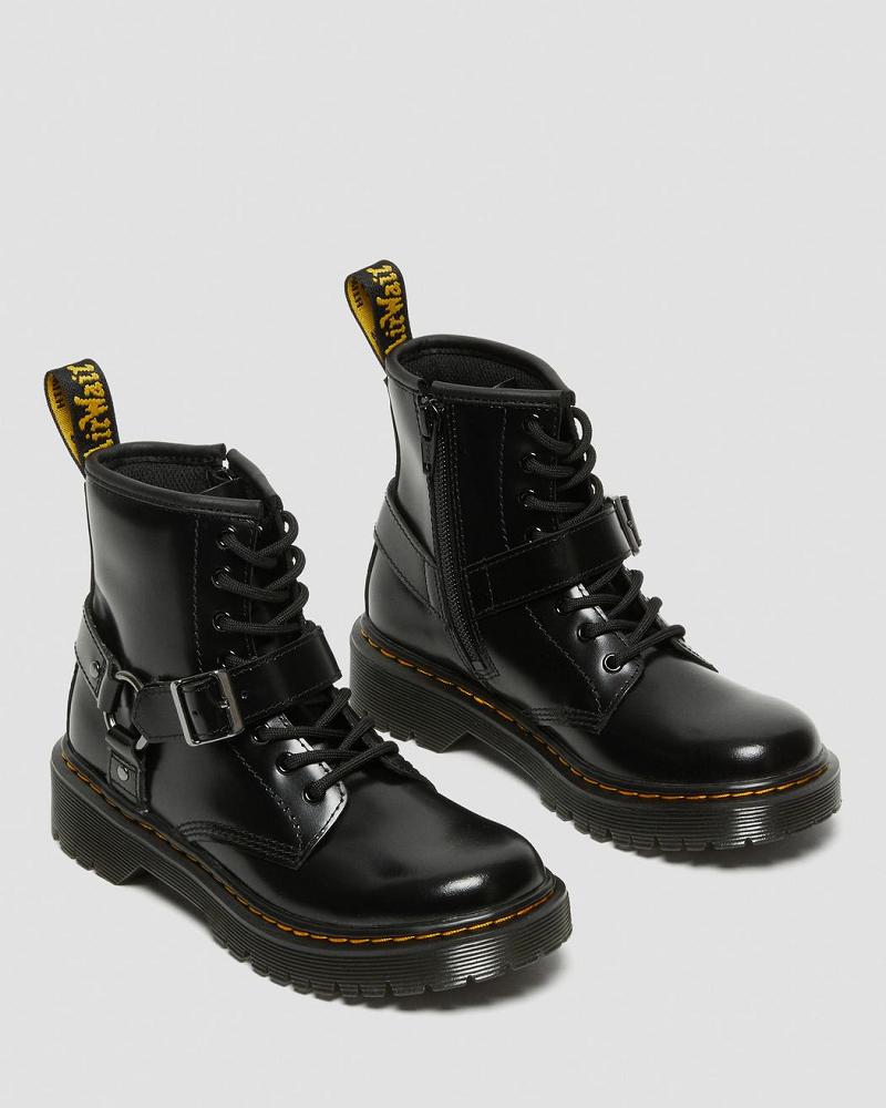 Black Kids' Dr Martens Junior 1460 Harness Leather Casual Boots | CA 658TCE